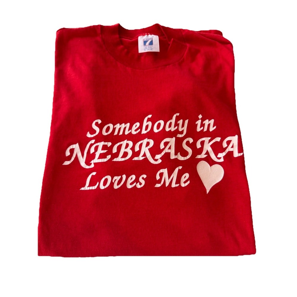 Vintage 80s Single Stitch Logo 7 Nebraska Tee Shirt Size L/XL Red